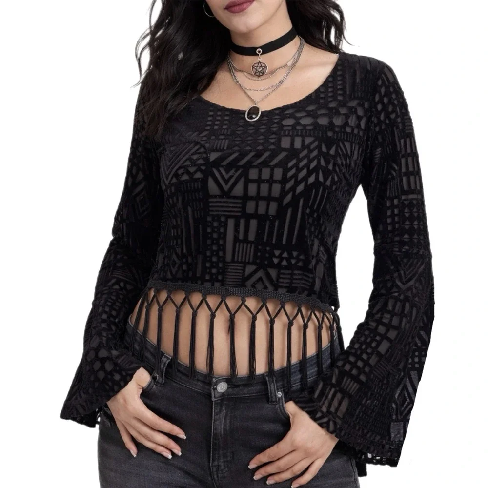 Velvet Burnout Fringe Mesh Top S Whimsigoth Indie Festival Bell Sleeve Witchy - Picture 1 of 4
